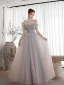 Elegant Sky Blue Gradient-Color Blushing Pink Dancing Prom Dresses 2020 A-Line / Princess Off-The-Shoulder Short Sleeve Beading Glitter Tulle Floor-Length / Long Ruffle Backless Formal Dresses