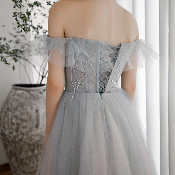 Elegant Sky Blue Gradient-Color Blushing Pink Dancing Prom Dresses 2020 A-Line / Princess Off-The-Shoulder Short Sleeve Beading Glitter Tulle Floor-Length / Long Ruffle Backless Formal Dresses
