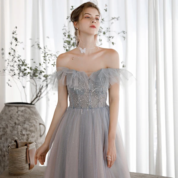 Elegant Sky Blue Gradient-Color Blushing Pink Dancing Prom Dresses 2020 A-Line / Princess Off-The-Shoulder Short Sleeve Beading Glitter Tulle Floor-Length / Long Ruffle Backless Formal Dresses