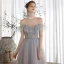 Elegant Sky Blue Gradient-Color Blushing Pink Dancing Prom Dresses 2020 A-Line / Princess Off-The-Shoulder Short Sleeve Beading Glitter Tulle Floor-Length / Long Ruffle Backless Formal Dresses