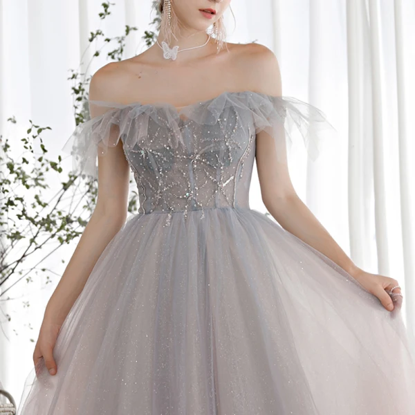 Elegant Sky Blue Gradient-Color Blushing Pink Dancing Prom Dresses 2020 A-Line / Princess Off-The-Shoulder Short Sleeve Beading Glitter Tulle Floor-Length / Long Ruffle Backless Formal Dresses