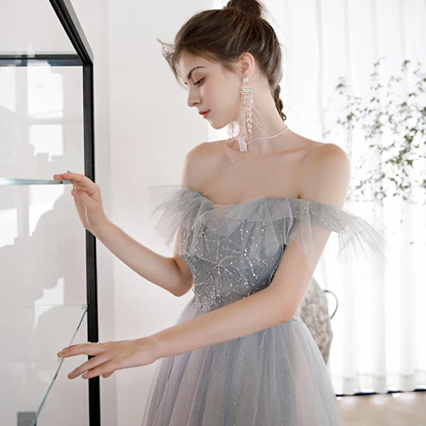 Elegant Sky Blue Gradient-Color Blushing Pink Dancing Prom Dresses 2020 A-Line / Princess Off-The-Shoulder Short Sleeve Beading Glitter Tulle Floor-Length / Long Ruffle Backless Formal Dresses