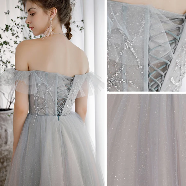 Elegant Sky Blue Gradient-Color Blushing Pink Dancing Prom Dresses 2020 A-Line / Princess Off-The-Shoulder Short Sleeve Beading Glitter Tulle Floor-Length / Long Ruffle Backless Formal Dresses