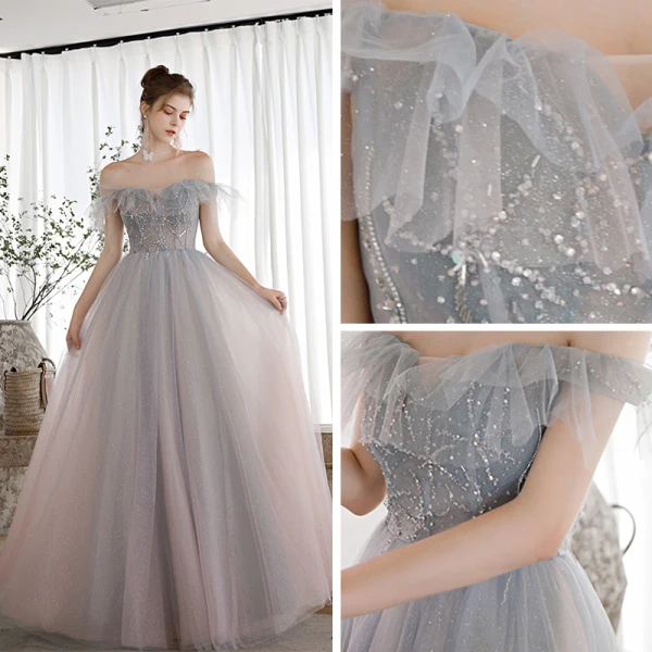 Elegant Sky Blue Gradient-Color Blushing Pink Dancing Prom Dresses 2020 A-Line / Princess Off-The-Shoulder Short Sleeve Beading Glitter Tulle Floor-Length / Long Ruffle Backless Formal Dresses