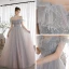 Elegant Sky Blue Gradient-Color Blushing Pink Dancing Prom Dresses 2020 A-Line / Princess Off-The-Shoulder Short Sleeve Beading Glitter Tulle Floor-Length / Long Ruffle Backless Formal Dresses