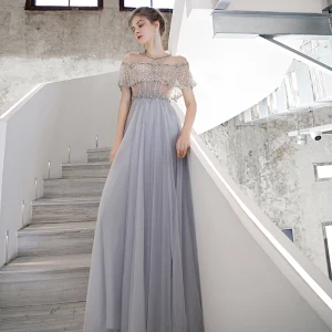 High End Sky Blue See Through Dancing Prom Dresses 2020 A Line Princess Scoop Neck Short Sleeve Beading Sequins Sweep Train Ruffle Formal Dresses