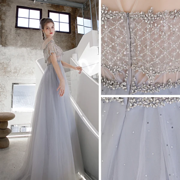 Haut de Gamme Bleu Ciel Transparentes Dansant Robe De Bal 2020 Princesse Encolure Dégagée Manches Courtes Perlage Paillettes Train De Balayage Volants Robe De Ceremonie