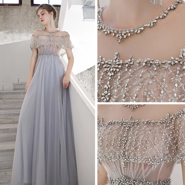 Haut de Gamme Bleu Ciel Transparentes Dansant Robe De Bal 2020 Princesse Encolure Dégagée Manches Courtes Perlage Paillettes Train De Balayage Volants Robe De Ceremonie