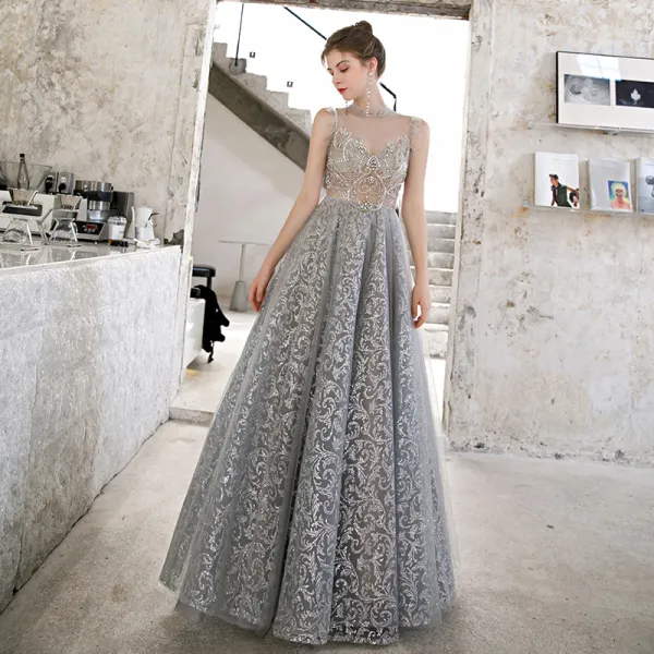 Illusion Grey See-through Prom Dresses 2020 A-Line / Princess High Neck Sleeveless Beading Glitter Tulle Floor-Length / Long Ruffle Formal Dresses