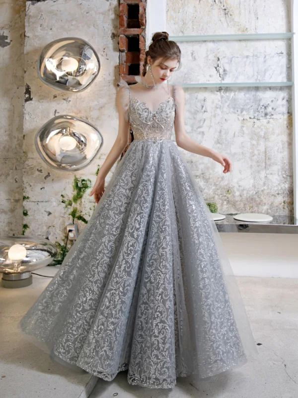 Illusion Grey See-through Prom Dresses 2020 A-Line / Princess High Neck Sleeveless Beading Glitter Tulle Floor-Length / Long Ruffle Formal Dresses