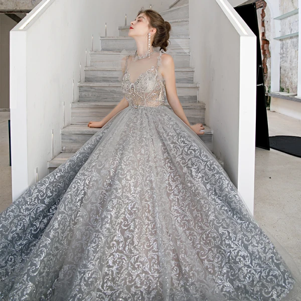 Illusion Grey See-through Prom Dresses 2020 A-Line / Princess High Neck Sleeveless Beading Glitter Tulle Floor-Length / Long Ruffle Formal Dresses