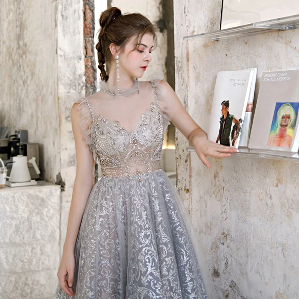formal dress grey Gray sweetheart neck tulle long prom dress, gray tulle formal dress main image 1