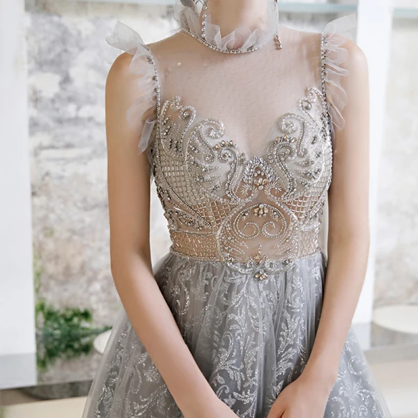 Illusion Grey See-through Prom Dresses 2020 A-Line / Princess High Neck Sleeveless Beading Glitter Tulle Floor-Length / Long Ruffle Formal Dresses Illusion Grey See-through Prom Dresses 2020 A-Line / Princess High Neck Sleeveless Beading Glitter Tulle Floor-Length / Long Ruffle Formal Dresses