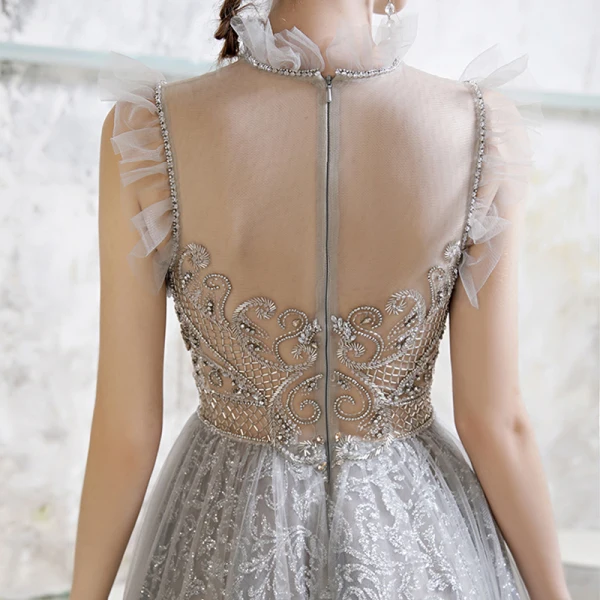 Illusion Grey See-through Prom Dresses 2020 A-Line / Princess High Neck Sleeveless Beading Glitter Tulle Floor-Length / Long Ruffle Formal Dresses