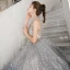 Illusion Grey See-through Prom Dresses 2020 A-Line / Princess High Neck Sleeveless Beading Glitter Tulle Floor-Length / Long Ruffle Formal Dresses