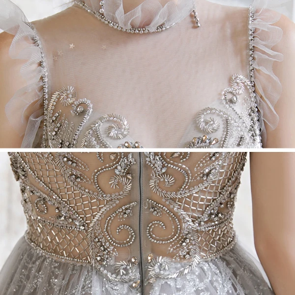 Illusion Grey See-through Prom Dresses 2020 A-Line / Princess High Neck Sleeveless Beading Glitter Tulle Floor-Length / Long Ruffle Formal Dresses