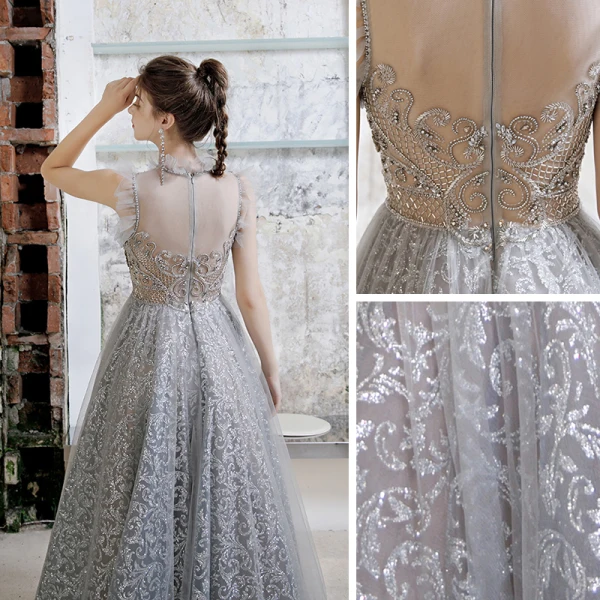 Illusion Grey See-through Prom Dresses 2020 A-Line / Princess High Neck Sleeveless Beading Glitter Tulle Floor-Length / Long Ruffle Formal Dresses