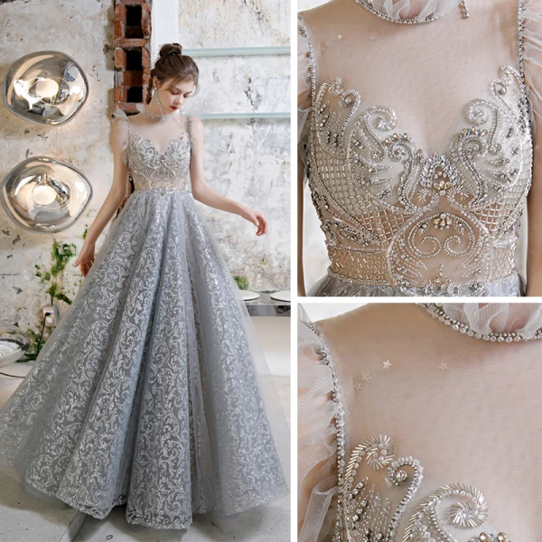 Illusion Grey See-through Prom Dresses 2020 A-Line / Princess High Neck Sleeveless Beading Glitter Tulle Floor-Length / Long Ruffle Formal Dresses