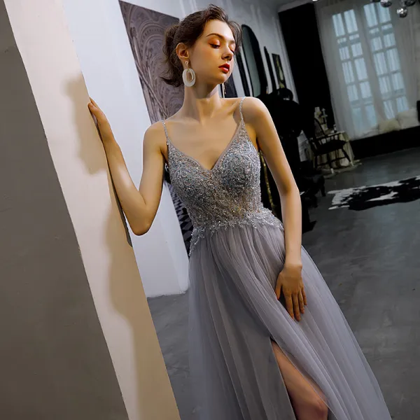 Sexy Sky Blue See-through Evening Dresses  2020 A-Line / Princess Spaghetti Straps Sleeveless Beading Split Front Sweep Train Ruffle Backless Formal Dresses