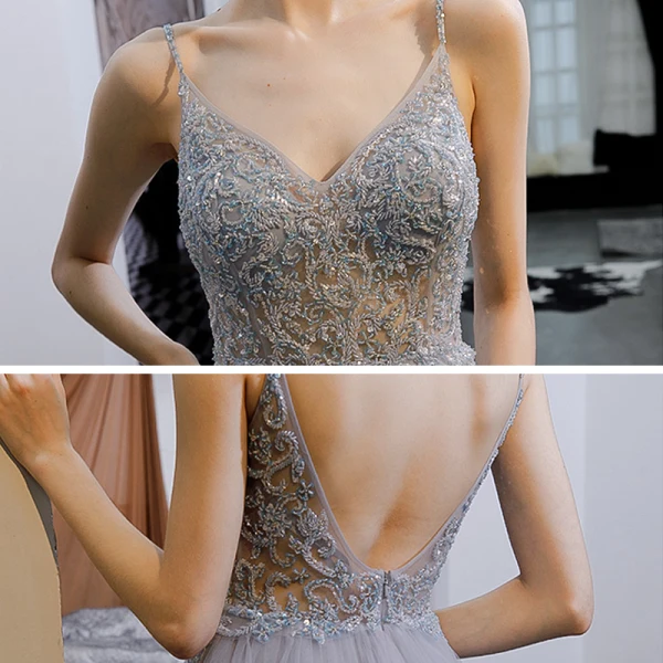 Sexy Himmelblau Durchsichtige Abendkleider 2020 A Linie Spaghettiträger Ärmellos Perlenstickerei Gespaltete Front Sweep / Pinsel Zug Rüschen Rückenfreies Festliche Kleider