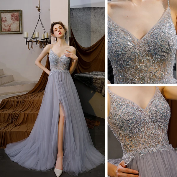 Sexy Himmelblau Durchsichtige Abendkleider 2020 A Linie Spaghettiträger Ärmellos Perlenstickerei Gespaltete Front Sweep / Pinsel Zug Rüschen Rückenfreies Festliche Kleider