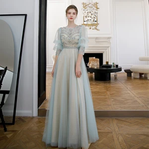 Style Victorien Vert Citron Transparentes Robe De Soirée 2020 Princesse Encolure Dégagée Gonflée 3 4 Manches Perlage Faux Diamant Glitter Tulle Train De Balayage Volants Dos Nu Robe De Ceremonie