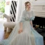 Style Victorien Vert Citron Transparentes Robe De Soirée 2020 Princesse Encolure Dégagée Gonflée 3/4 Manches Perlage Faux Diamant Glitter Tulle Train De Balayage Volants Dos Nu Robe De Ceremonie