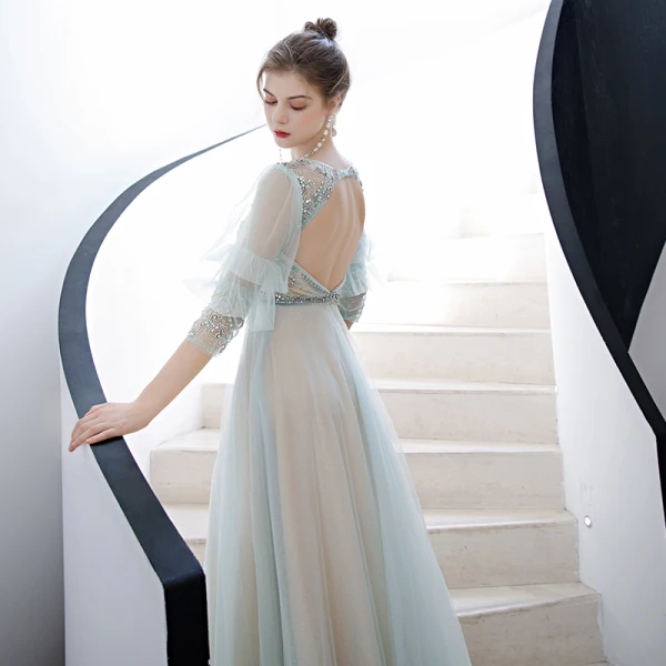 Style Victorien Vert Citron Transparentes Robe De Soirée 2020 Princesse Encolure Dégagée Gonflée 3/4 Manches Perlage Faux Diamant Glitter Tulle Train De Balayage Volants Dos Nu Robe De Ceremonie