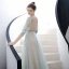 Style Victorien Vert Citron Transparentes Robe De Soirée 2020 Princesse Encolure Dégagée Gonflée 3/4 Manches Perlage Faux Diamant Glitter Tulle Train De Balayage Volants Dos Nu Robe De Ceremonie