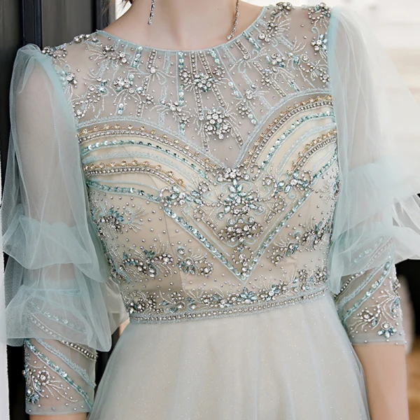Style Victorien Vert Citron Transparentes Robe De Soirée 2020 Princesse Encolure Dégagée Gonflée 3/4 Manches Perlage Faux Diamant Glitter Tulle Train De Balayage Volants Dos Nu Robe De Ceremonie
