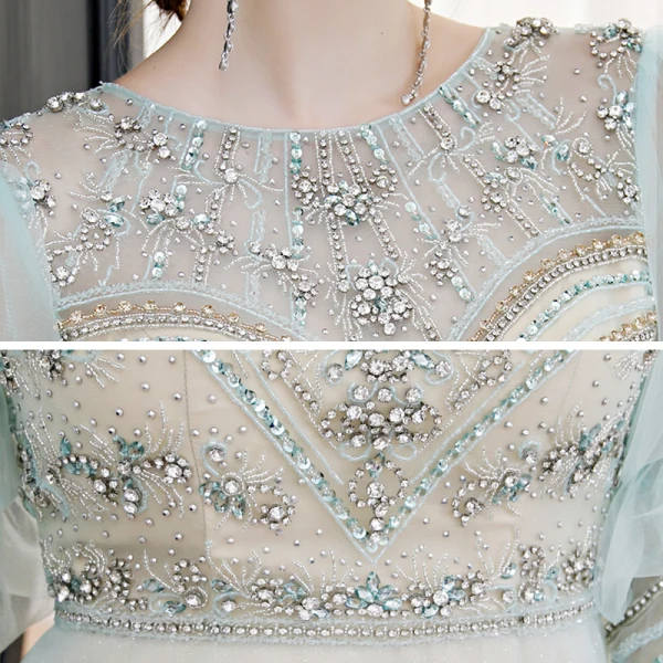 Style Victorien Vert Citron Transparentes Robe De Soirée 2020 Princesse Encolure Dégagée Gonflée 3/4 Manches Perlage Faux Diamant Glitter Tulle Train De Balayage Volants Dos Nu Robe De Ceremonie
