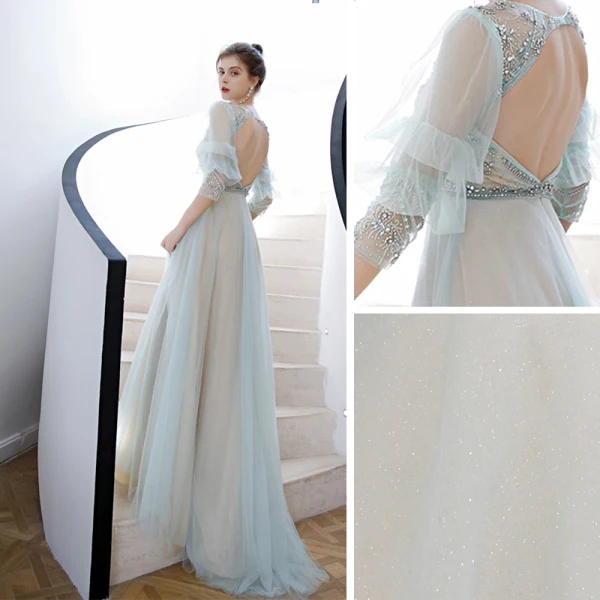 Style Victorien Vert Citron Transparentes Robe De Soirée 2020 Princesse Encolure Dégagée Gonflée 3/4 Manches Perlage Faux Diamant Glitter Tulle Train De Balayage Volants Dos Nu Robe De Ceremonie