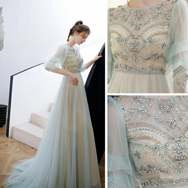Style Victorien Vert Citron Transparentes Robe De Soirée 2020 Princesse Encolure Dégagée Gonflée 3/4 Manches Perlage Faux Diamant Glitter Tulle Train De Balayage Volants Dos Nu Robe De Ceremonie