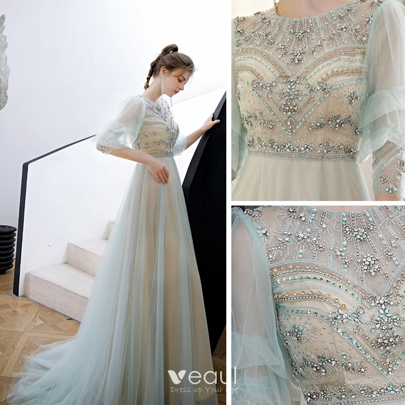 Victorian Style Mint Green See-through Evening Dresses 2020 A-Line / Princess Scoop Neck Puffy 3/4 Sleeve Beading Rhinestone Glitter Tulle Sweep Train