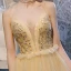 Sexy Champagner Ballkleider 2020 A Linie Spaghettiträger Tiefer V-Ausschnitt Ärmellos Perlenstickerei Strass Glanz Tülle Lange Rüschen Rückenfreies Festliche Kleider