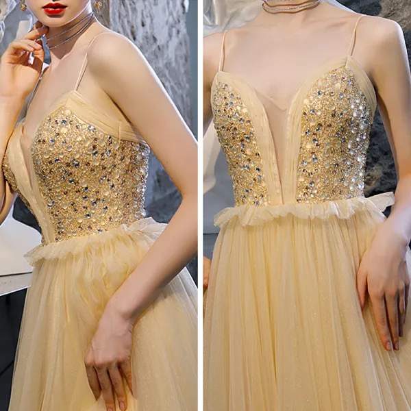 Sparkly Long Gold Tulle Prom Dress With Keyhold Back - $120.9816 #MYS69099  