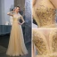 Sexy Champagner Ballkleider 2020 A Linie Spaghettiträger Tiefer V-Ausschnitt Ärmellos Perlenstickerei Strass Glanz Tülle Lange Rüschen Rückenfreies Festliche Kleider