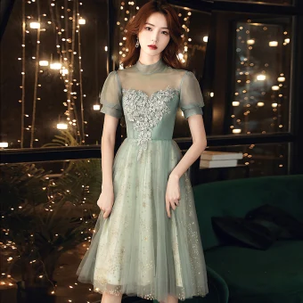 Vintage Retro Sage Green Homecoming Graduation Dresses 2020 A Line Princess See Through High Neck Short Sleeve Appliques Lace Beading Tea Length Ruffle Backless Formal Dresses