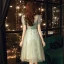 Vintage / Retro Sage Green Homecoming Graduation Dresses 2020 A-Line / Princess See-through High Neck Short Sleeve Appliques Lace Beading Tea-length Ruffle Backless Formal Dresses