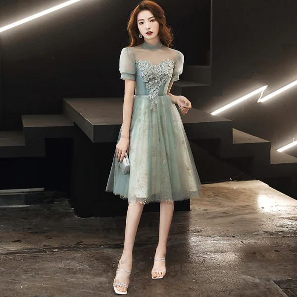 vintage grad dress Vintage Champagne Tea length Prom Dresses Layered Tulle Formal Dress 6 –  Viniodress