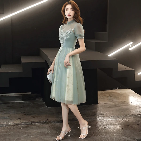 Vintage / Retro Sage Green Homecoming Graduation Dresses 2020 A-Line / Princess See-through High Neck Short Sleeve Appliques Lace Beading Tea-length Ruffle Backless Formal Dresses