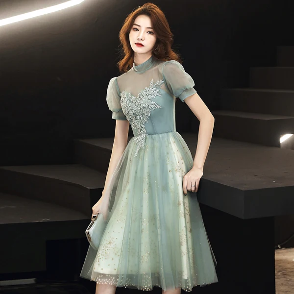 Vintage / Retro Sage Green Homecoming Graduation Dresses 2020 A-Line / Princess See-through High Neck Short Sleeve Appliques Lace Beading Tea-length Ruffle Backless Formal Dresses