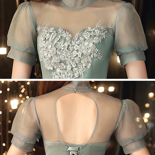 Vintage / Retro Sage Green Homecoming Graduation Dresses 2020 A-Line / Princess See-through High Neck Short Sleeve Appliques Lace Beading Tea-length Ruffle Backless Formal Dresses