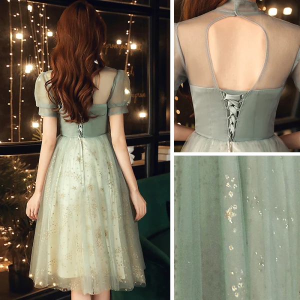 Vintage / Retro Sage Green Homecoming Graduation Dresses 2020 A-Line / Princess See-through High Neck Short Sleeve Appliques Lace Beading Tea-length Ruffle Backless Formal Dresses