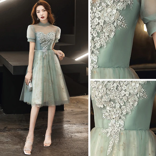 Vintage / Retro Sage Green Homecoming Graduation Dresses 2020 A-Line / Princess See-through High Neck Short Sleeve Appliques Lace Beading Tea-length Ruffle Backless Formal Dresses