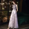 Chic / Beautiful Purple Prom Dresses 2020 A-Line / Princess High Neck Sleeveless Beading Sequins Floor-Length / Long Ruffle Backless Formal Dresses