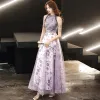 Chic / Beautiful Purple Prom Dresses 2020 A-Line / Princess High Neck Sleeveless Beading Sequins Floor-Length / Long Ruffle Backless Formal Dresses