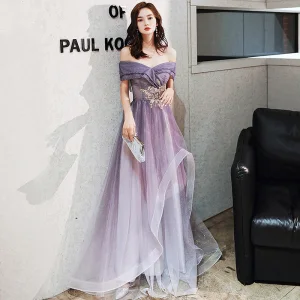 Chic Belle Violet Dansant Robe De Bal 2020 Princesse De L 039 Épaule Manches Courtes Perlage Paillettes Glitter Tulle Longue Volants Dos Nu Robe De Ceremonie