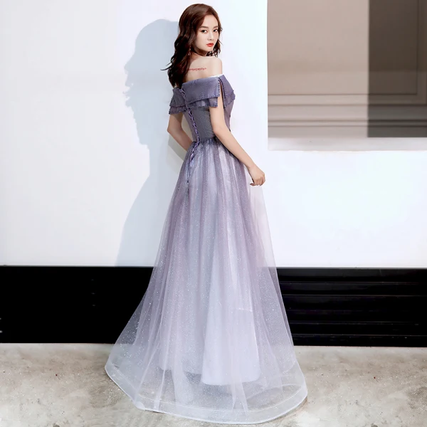 Schöne Violett Tanzen Ballkleider 2020 A Linie Off Shoulder Kurze Ärmel Perlenstickerei Pailletten Glanz Tülle Lange Rüschen Rückenfreies Festliche Kleider