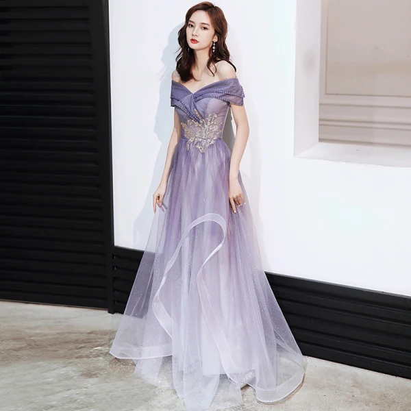 Schöne Violett Tanzen Ballkleider 2020 A Linie Off Shoulder Kurze Ärmel Perlenstickerei Pailletten Glanz Tülle Lange Rüschen Rückenfreies Festliche Kleider